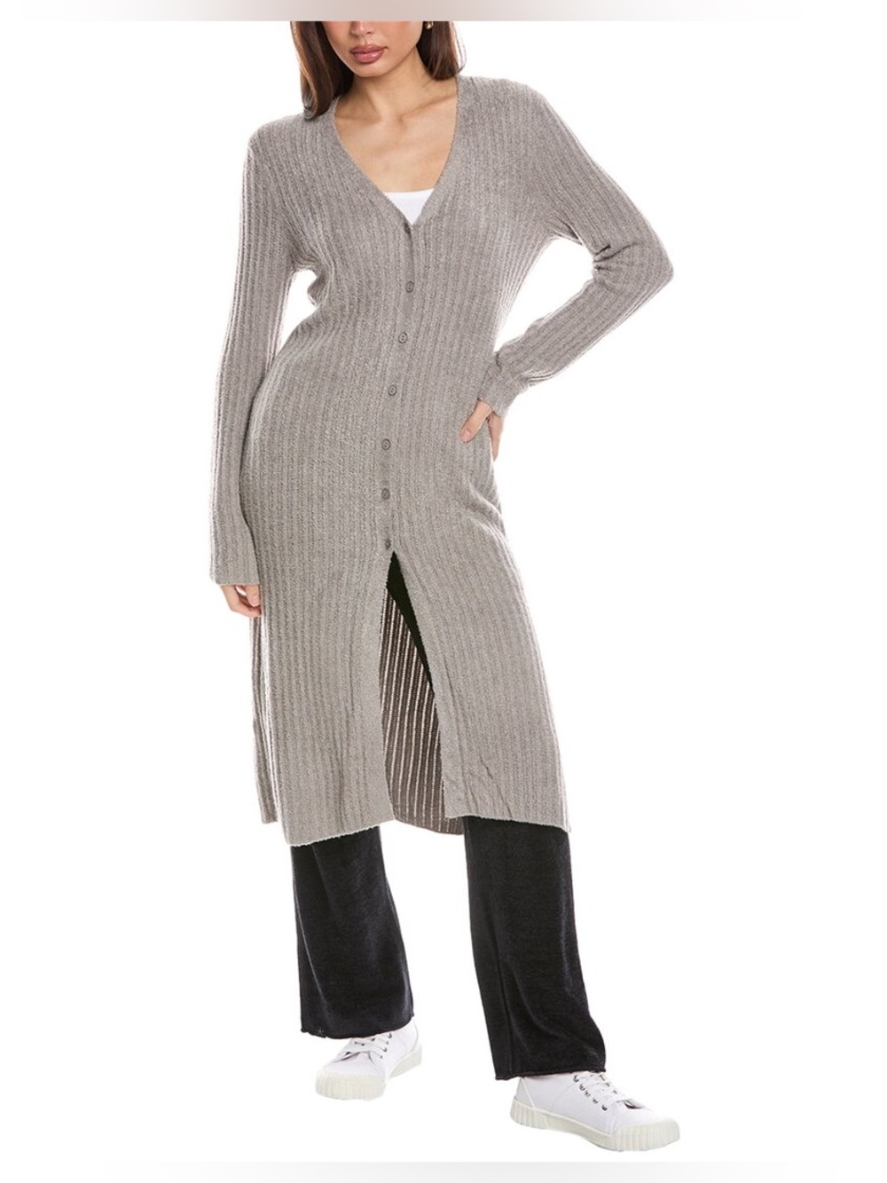 Barefoot Dreams CozyChic Lite Pointelle Long Cardigan Pewter Size S NWT